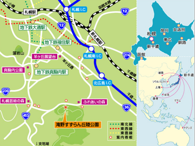 札幌市中心部から国営滝野すずらん丘陵公園までの地図